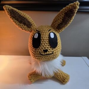 Handmade Tan Brown Crochet Pokemon Eevee White Faux Fur Stuffed Plush Animal NEW